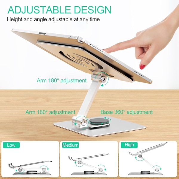 Tabletställ i aluminium, hopfällbart, universellt, 360° roterbart och stabilt basstativ, iPad-ställ med justerbar höjd