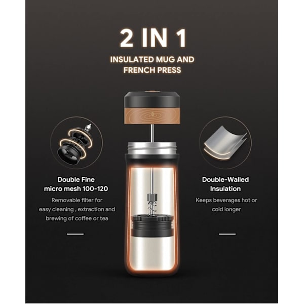 320ml Bärbar Kaffebryggare i Rostfritt Stål Isolerad Kaffepress Bilresa Fransk Press Tekanna Kaffe Termos Utomhus Kaffe Mugg
