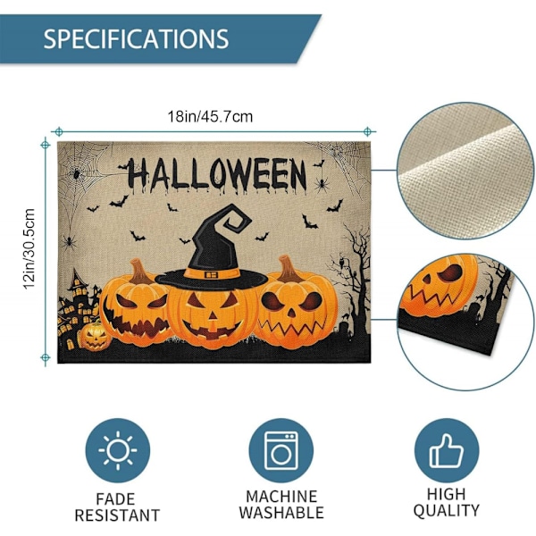 4 st Halloween Pumpa Underlägg för Matbord (30*45cm), Tvättsbart Värmebeständigt Torkbart Bord Underlägg