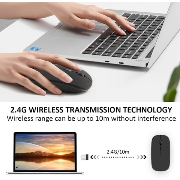 Uppladdningsbar tyst trådlös mus, bärbar USB, smal luminescens svart mus för bärbar dator, Mac, PC