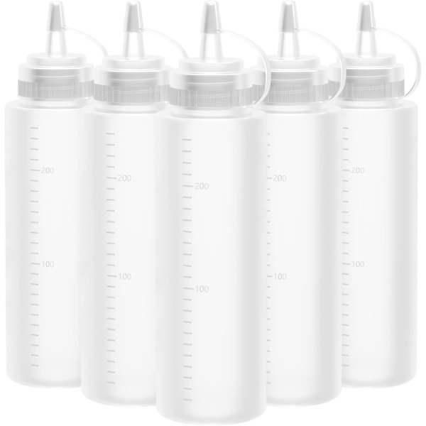 Squeezeflaskor - 5 stycken - Transparenta garneringsflaskor - doseringsflaskor - såsflaskor - 250 ml - för garnering, sås eller smet -