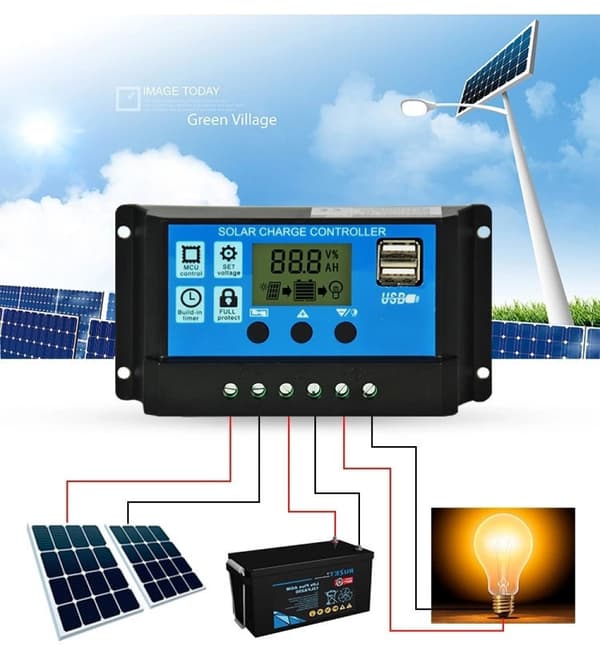 20A Solcellsladdningsregulator, 12V/ 24V Solpanelladdningsregulator med 5V Dubbla USB-portar Display Justerbar Parameter LCD-display