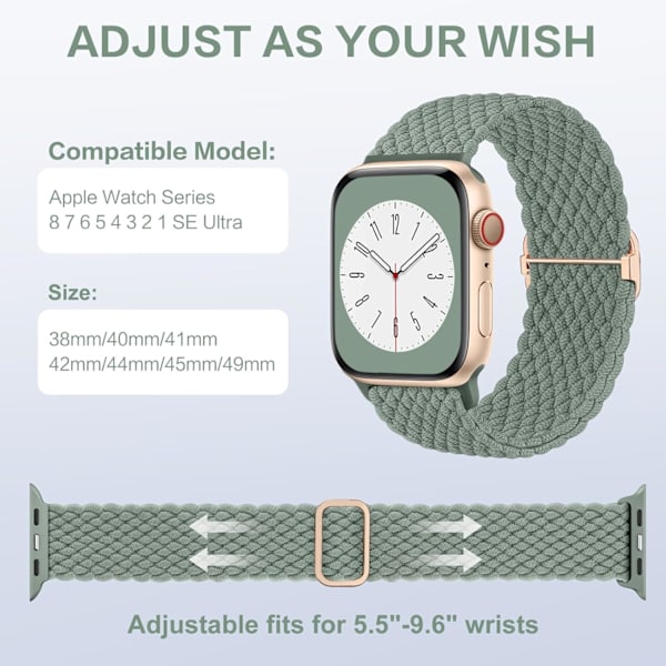 (Grön) Flätad Solo Loop-remmar Kompatibla med Apple Watch-remmar 45mm 44mm 42mm 49mm, Elastisk Sportband för Appl