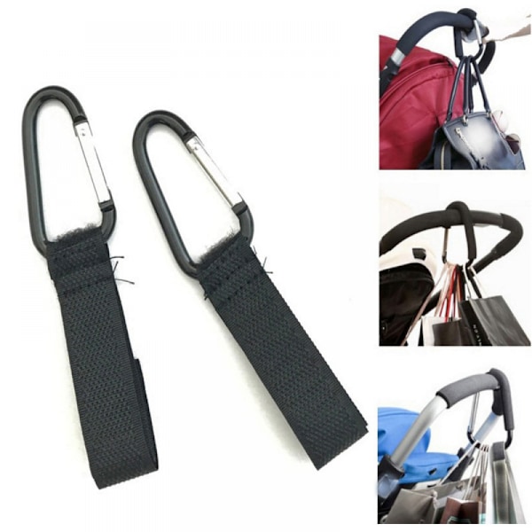 2 strollers krokar, kardborrebandskrokar, svart karbinhake, barnvagnstillbehör
