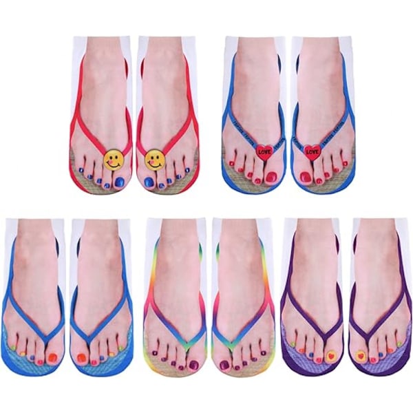 (Fresh Style) 5 par 3D-mönstrade strumpor för kvinnor, tryckta strumpor, manikyrtryck, flip-flop-strumpor, avslappnade personliga strumpor för Halloween och jul