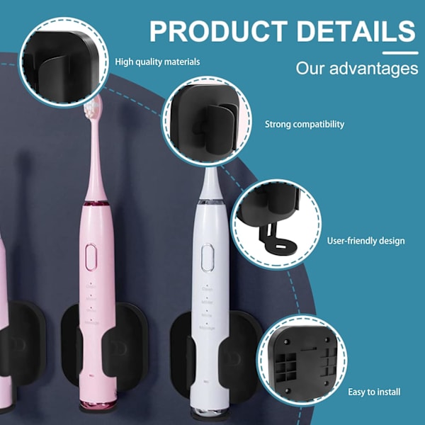 Tandborsthållare - Elektrisk tandborsthållare - 2 stycken - Hängande - För Oral B - Universell - Väggmonterad - Svart