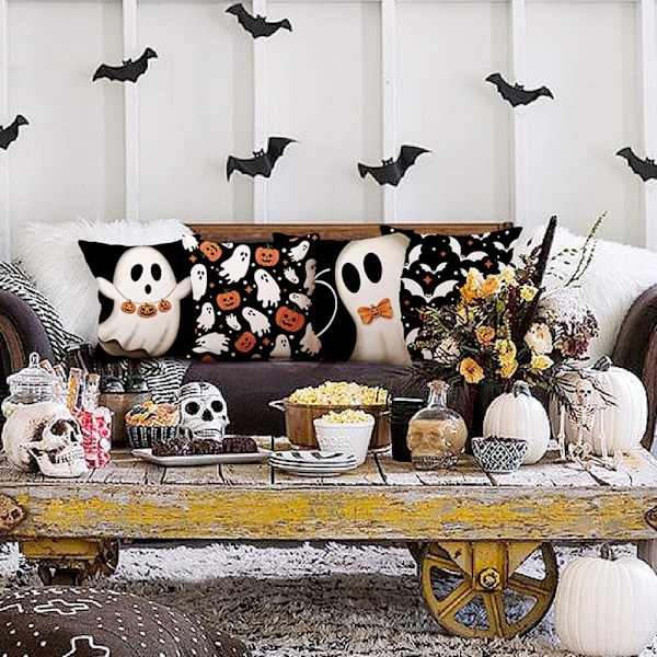 4 st Halloween Kuddfodral 18x18 tum Halloween Dekorationer Spöken Pumpor Fladdermöss Dekor Semester för Hem Soffa