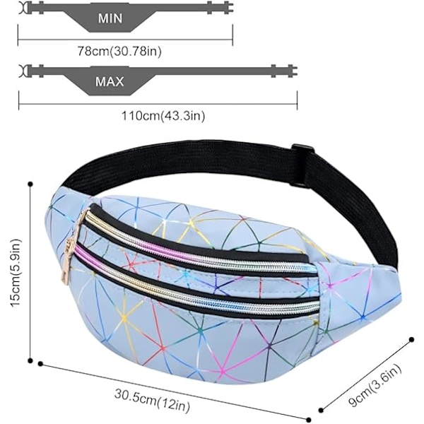 (Blå) Unisex Holografisk Effekt Midjeväska, Flera Fickor Vattentät Mode PU Läder Midjeväska för Resor, Vandring, Camping, L
