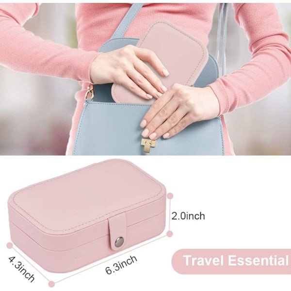 (Rosa) PU-läder smyckeskrin organiserare med olika fack för ringar örhängen halsband armband för flickor kvinnor