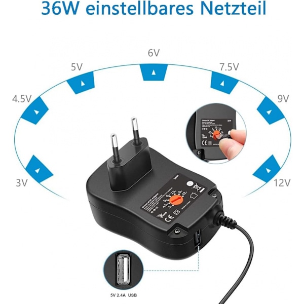 30W Universell AC till DC 3V 4.5V 5V 6V 7.5V 9V 12V 2.1A Växelströmsadapter med 9 LED-kontakter