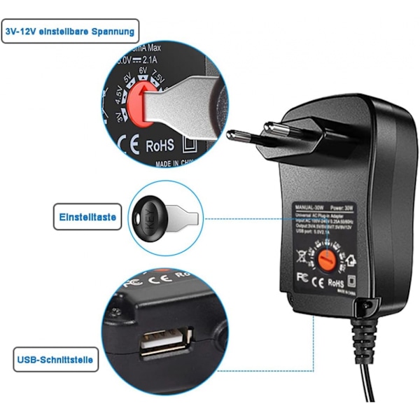 30W Universell AC till DC 3V 4.5V 5V 6V 7.5V 9V 12V 2.1A Växelströmsadapter med 9 LED-kontakter