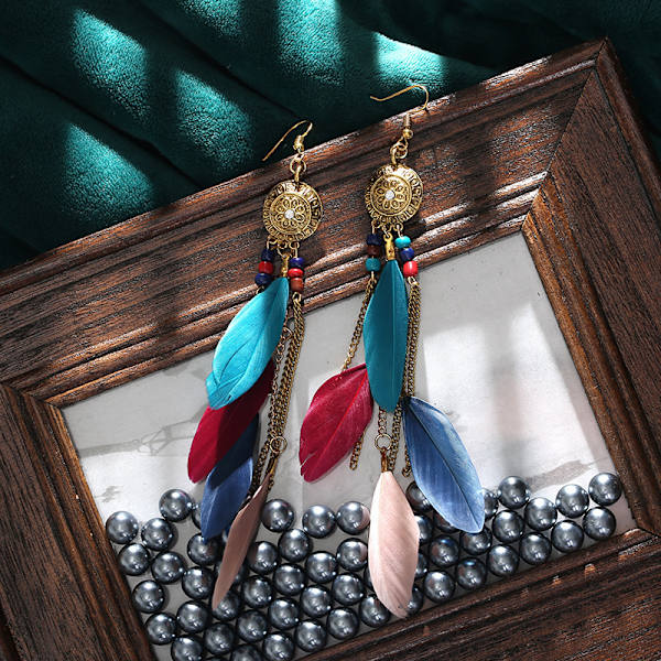 Boho-inspirerade örhängen, Tasselörhängen för kvinnor, Etniska långa färgglada fjädrar, Örhängen till jul