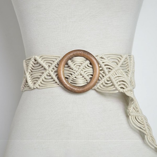 Bohemiskt bälte för kvinnor (beige), virkat midjeband med vävd spänne, trendigt vintage casual sommarbälte för kvinnor