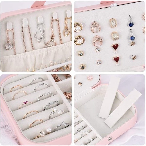 (Rosa) PU-läder smyckeskrin organiserare med olika fack för ringar örhängen halsband armband för flickor kvinnor