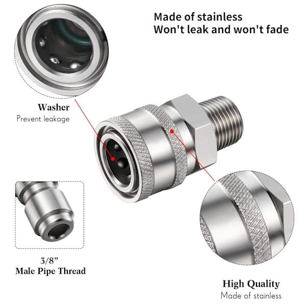 Slanganslutning - Push-in-koppling - 3/8 tums slanganslutning - Högtryckstvättar - Adapterset för snabbkoppling av slang i rostfritt stål