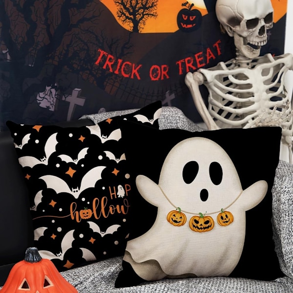4 st Halloween Kuddfodral 18x18 tum Halloween Dekorationer Spöken Pumpor Fladdermöss Dekor Semester för Hem Soffa