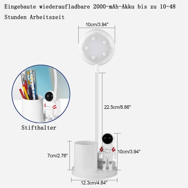Vit LED-skrivbordslampa för barn, batteridriven skrivbordslampa