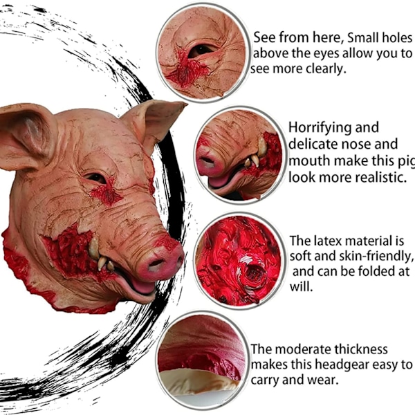 Läskig Djur Latex Mask Halloween Kostym Cosplay Rekvisita Blodig Gris Huvud Slaktmask Horror Vuxen Huva Mask