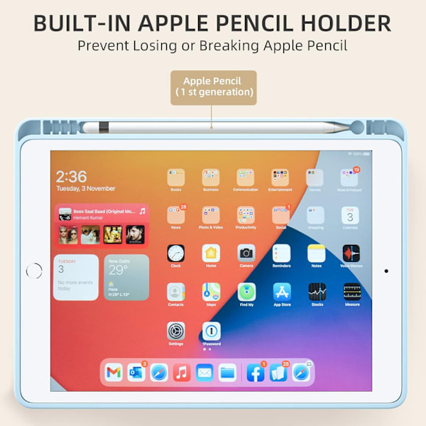 iPad-fodral för iPad 7:e/8:e/9:e generation Blå med pennhållare, skyddande fodral med mjuk TPU-baksida