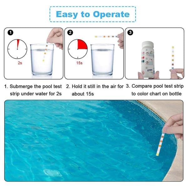 Pool Test Strips - 100 st - Pool Tester för pH och klor och alkalinitet - Poolunderhåll - 3 i 1 Pool Test Strips - Wate