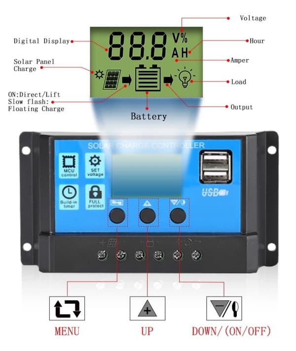 30A Solcellsladdningsregulator, 12V/ 24V Solpanelladdningsregulator med 5V Dubbla USB-portar Display Justerbar Parameter LCD-display