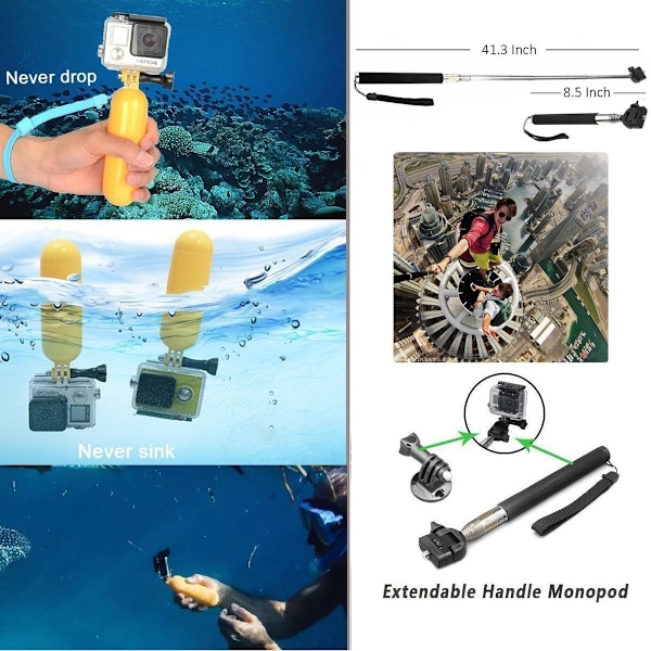 Tillbehörssats lämplig - för GoPro och Action Cams - Action Camera Set Tillbehör - Med fäste - Stick & Väska - Bröst och huvud