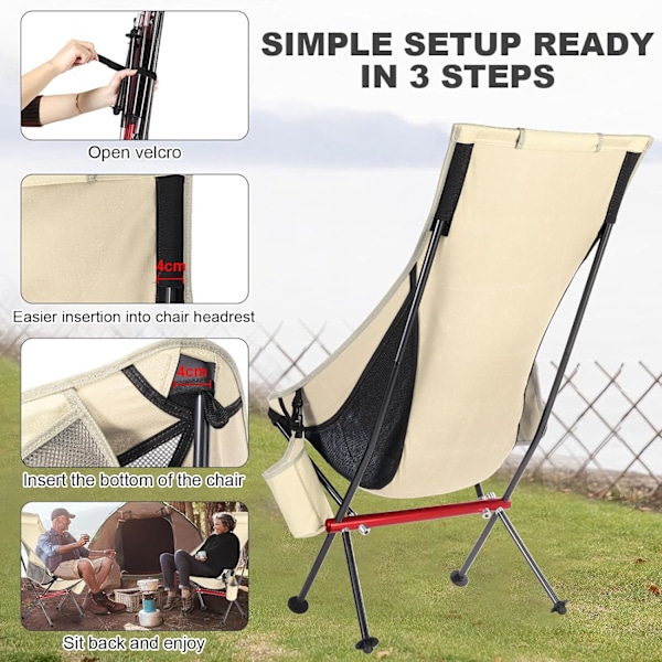 (Bred Beige) Vikbar Campingstol Hög Ryggstol för Vuxna Utomhusresor, Strandstol, Vandring