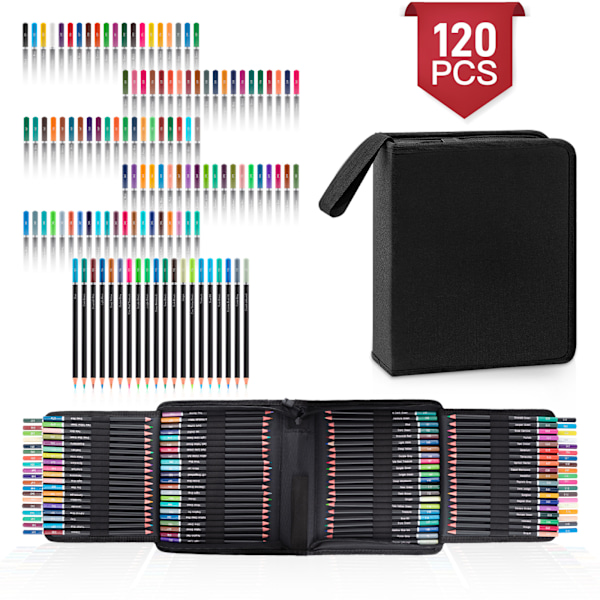 120 Färgpennor i Zip-Up-Set Perfekt för Ritning, Skissning, Skuggning & Färgläggning, Levande Färgpennor för Vuxna & Proffs