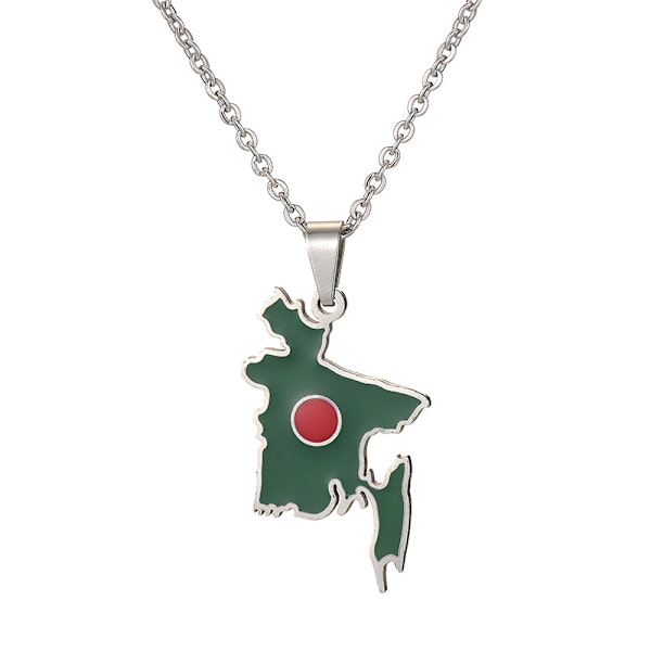 (silver) Halsband med karta över Bangladesh-flaggan för kvinnor och flickor, i rostfritt stål, praktiskt och professionellt