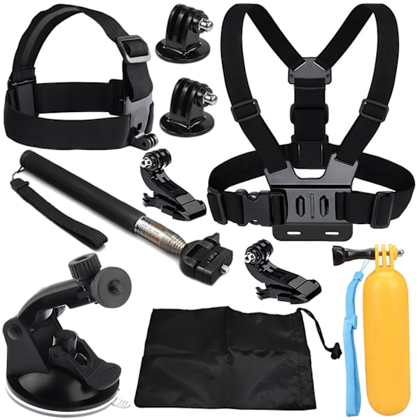 Tillbehörssats lämplig - för GoPro och Action Cams - Action Camera Set Tillbehör - Med fäste - Stick & Väska - Bröst och huvud