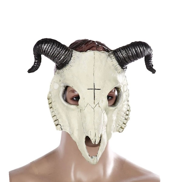 Halloween Halvmask Skräckdjur, Vit Fårullshorn Spöke Djävul Grimas, Påskskräck Huvudbonad Fe