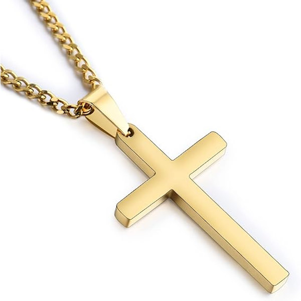 Korshalsband för män kvinnor, 316L rostfritt stål korshänge halsband med kedja-55+5CM | Silver/Guld/Svart korskedja Gold