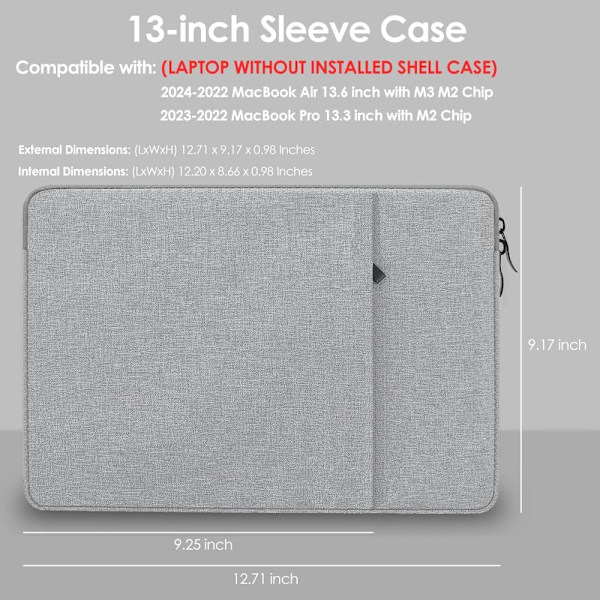 13-tommer Laptop Sleeve Etui til 2024-2022 MacBook Air 13,6 tommer med Apple M3 M2 Chip & MacBook Pro 13,3 tommer M2 Chip (Grå)