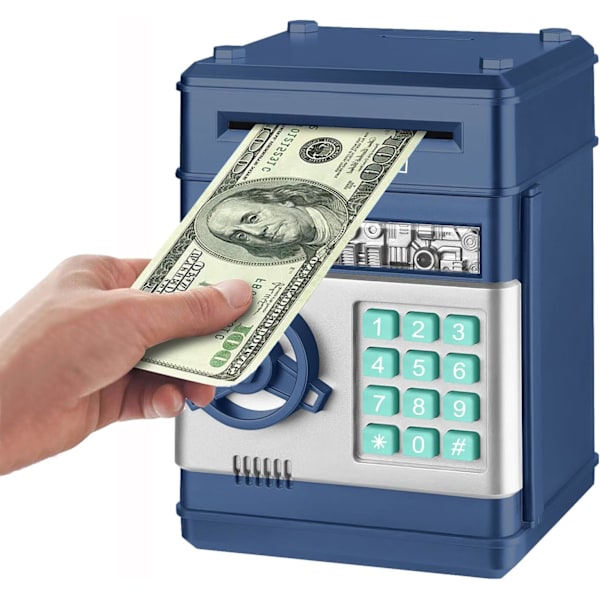 Elektronisk spargris, Mini ATM lösenord sparbössa kontanter mynt sparbössa för barn, tecknad säker bankbox perfekta leksaks presenter för pojkar flickor Navy Blue