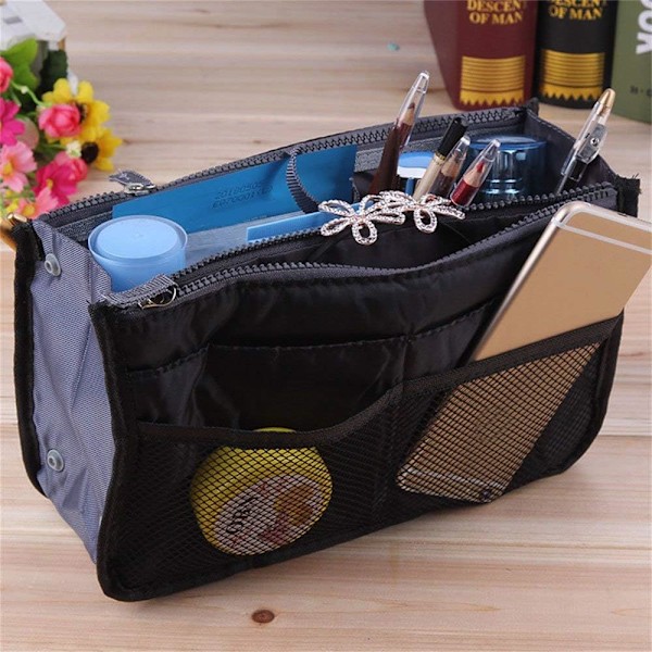 Dame Rejsetaske Slip Bag Håndtaske Organizer Pung Foret Kosmetik 13 Tasker Sort