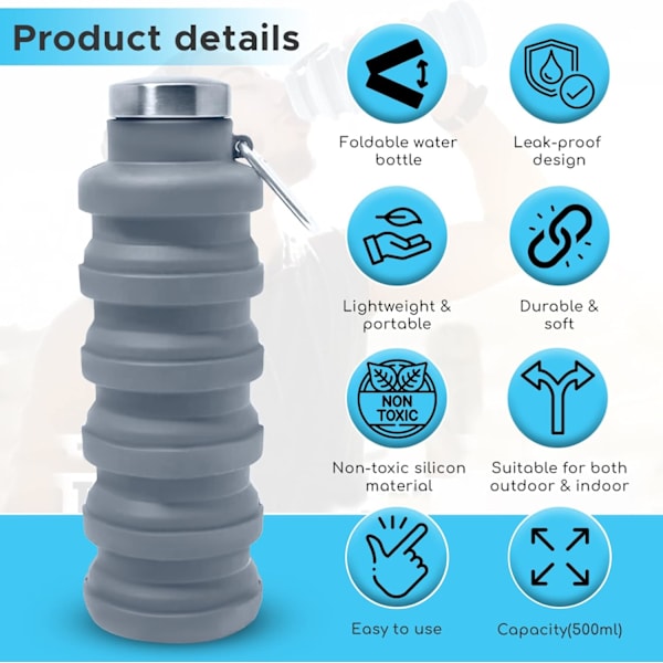 Sammenklappelig Vandflaske Silikon Rejse Essentials Foldbar Gym Flaske Lækagesikker Vandreture Tilbehør, Sammenklappelig Vandflaske 500ml Gray