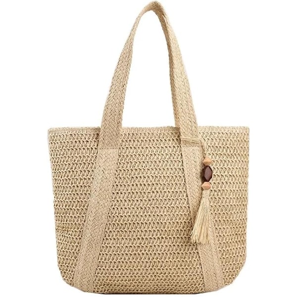 Halm-vævet Tote Bag til Kvinder Stor Kapacitet Sommer Strand Rejsetaske Skuldertaske Beige