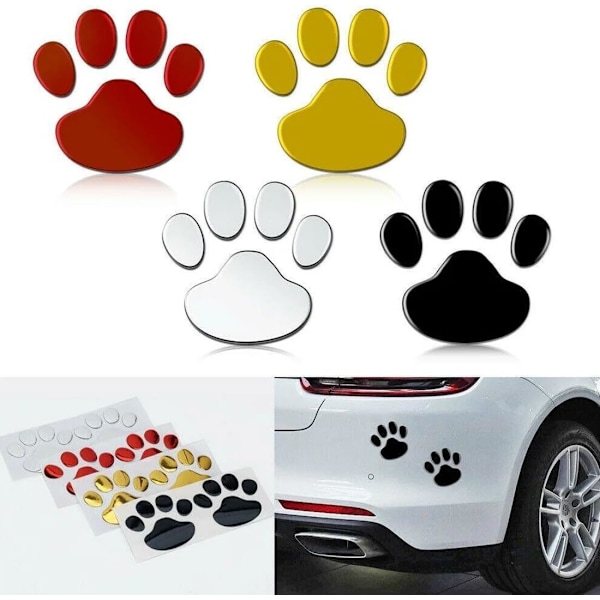 3D Krom Katt Poteavtrykk Klistremerke, 4 Par 3D Krom Bokstaver Bilklistremerke, Dyrepote Hund Katt Poteavtrykk Klistremerke, for Dekal Bil Dekorasjon