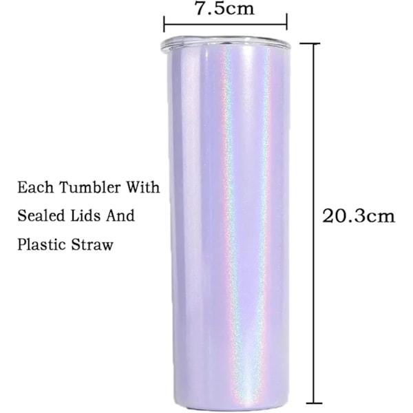 Krus 20Oz Glitter Straight Skinny Tumbler med Lopp Stål Vakuum Reise Vannflaske Krus for Varme Kalde Drikker-20Oz