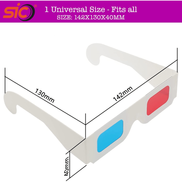 3D-paperilasit elokuville, punaiset ja syaaninsiniset linssit valkoisessa kehyksessä, anaglyyfipahvi - taitettu suojapussiin, 10 paria