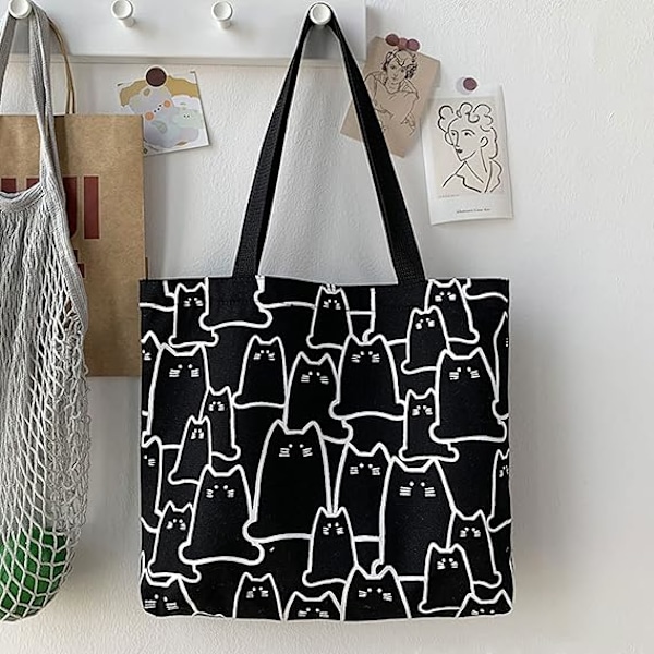 Cat Canvas Tote Bag, totebag med glidelås, lerretveske, Gjenbrukbar bomulls-handleveske med lomme, Søt Cat Tote Strandveske Estetisk