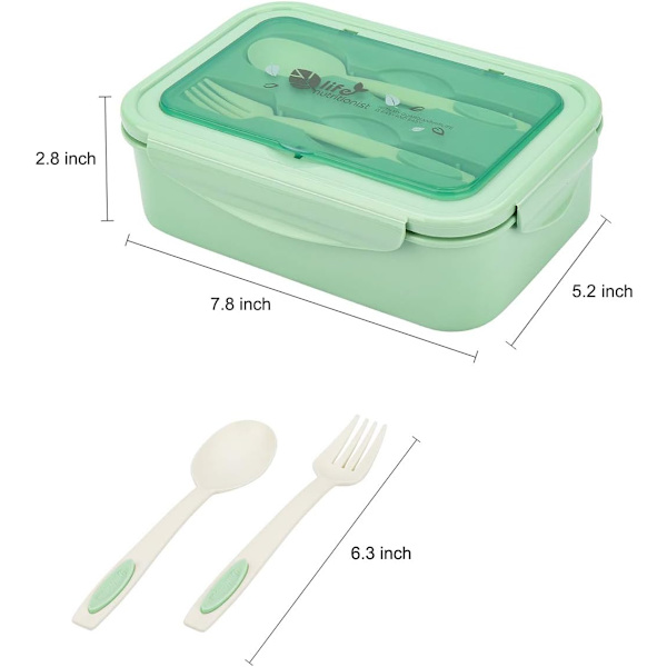 Lounasrasia, Vuotamaton Bento-rasia, Ruokasäiliö 3 Lokerolla ja Syömävälineillä, BPA-vapaa, Mikroaaltouuni- ja Astianpesukoneen Kestävä Ruokavalmistelusäiliö - Vihreä