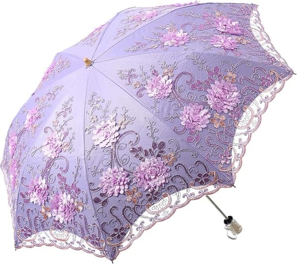 Dam Broderad Spets Dubbeldäck Anti-UV Parasol Paraply Sol/Regn/Snö Fällbart Paraply
