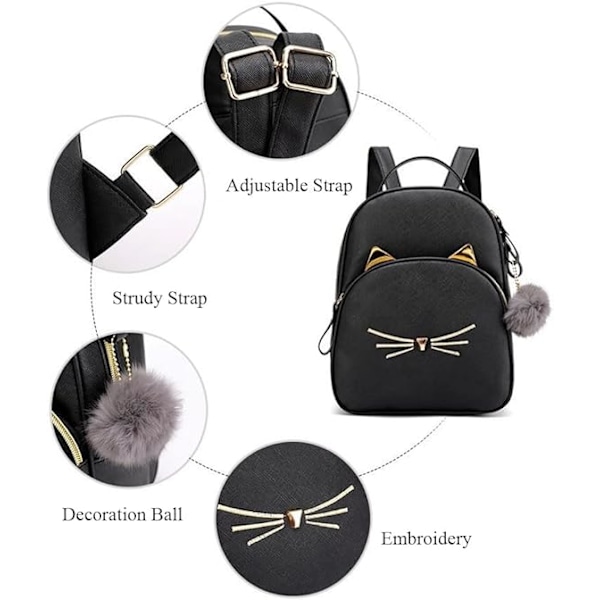 Cartoon Cat Mini Cute Ryggsäck Handväska för Kvinnor Fritid Liten Ryggsäck Dagryggsäck PU Läder Axelväska