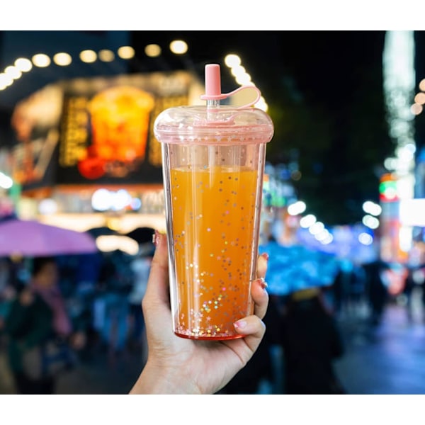 Gjenbrukbar Donut Straw Cup med Lopp - 18oz Dobbelvegget Plast Tumbler Reiseservise Iskaffe Mugg Klar Smoothie Milkshake Flaske