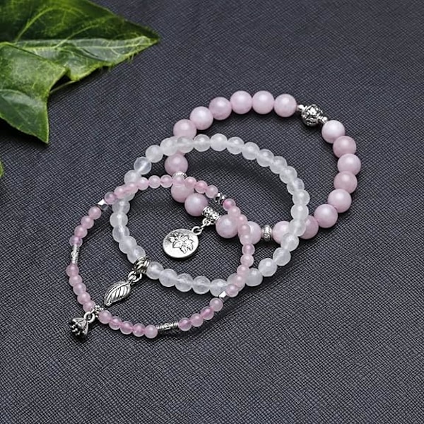 Kristallarmband Set Reiki Healing Kristall Ädelsten Pärlor Stretch Armband med Lotus Blad Charm för Kvinnor Present(Rose)