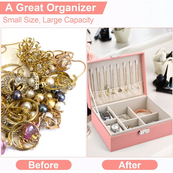 2-lags Stor Smykke Organiser Box, PU Læder, Smykke Organiser til Øreringe Ringe Halskæder Ure Armbånd Pink