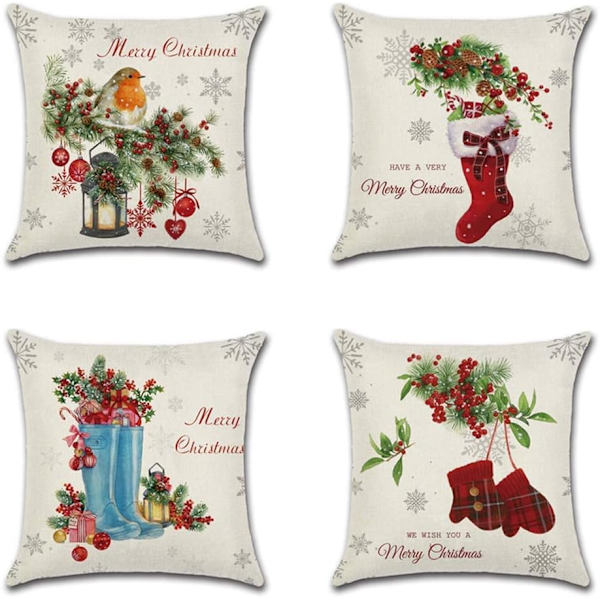 Jul kuddfodral 45x45cm Julstrumpor Vantar Dekorativt kuddfodral Utomhus Vattenavvisande kuddfodral Julset med 4