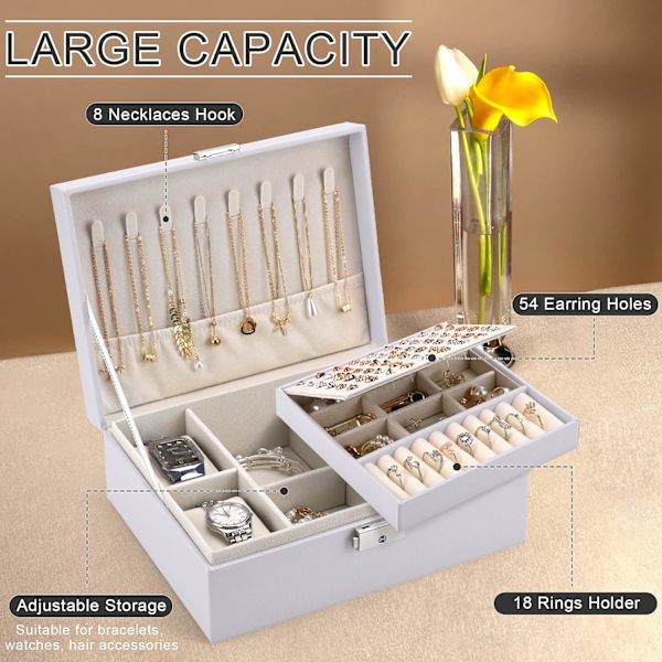 2-lags Stor Smykke Organiser Box, PU Læder, Smykke Organiser til Øreringe Ringe Halskæder Ure Armbånd White