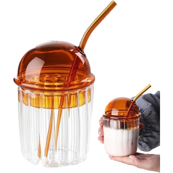 Iskaffeglass med sugerør og lokk 14oz/450ML Gjenbrukbar Iskaffe Lattekopp Bred munn Avtakbart drikkeglass